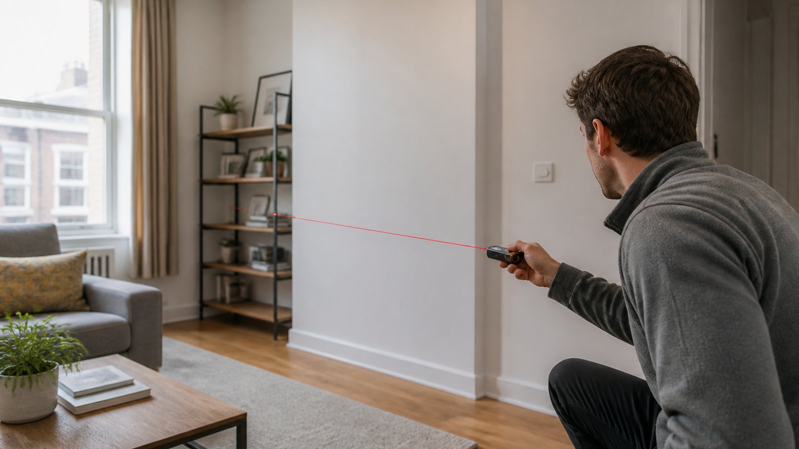 Tenant measuring a rented UK flat with a pocket laser