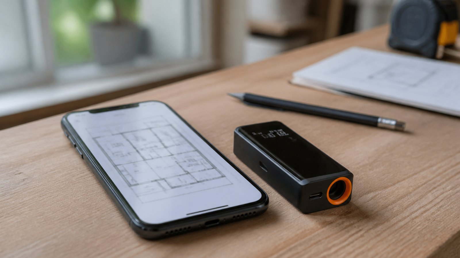 Pocket laser measure beside a phone for app sync